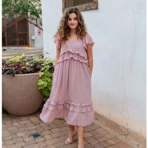 &merci  Pink Small Midi Dress Ruffles Cottagecore Textured